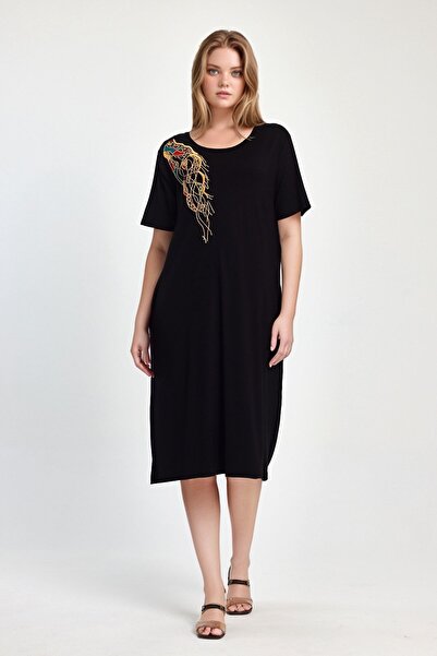 bacc Rochie de damă maxi lungime neagră brodată tricotată din viscoză Bcvl-25...