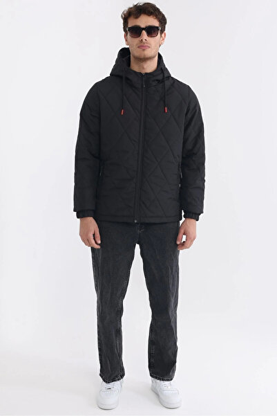 D1fference Erkek Siyah Kolej Yaka Rüzgar Geçirmez Kapitone Desenli Elyaflı Dolgulu Mont