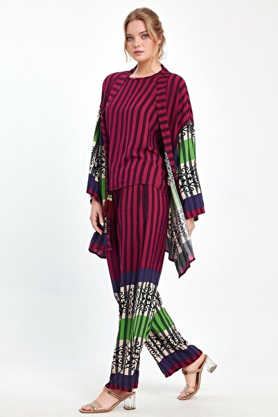 bacc Maxi Size Plum Printed Kimono and Trousers Woven Viscon Bottom Top Set Bcvl-251042