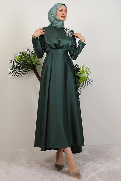 giz astore Omzu Taşlı Saten Abiye Yeşil