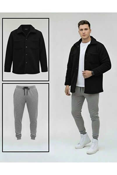 Fifty Color Unisex βελούδινο μαύρο μπουφάν και γκρι φόρμα συνδυασμού κάτω μέρος