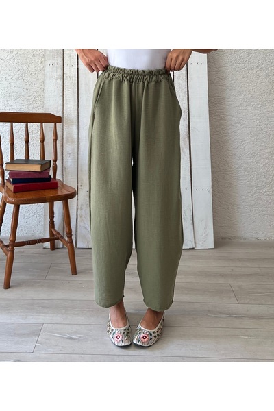 KÜÇÜĞÜM BUTİK Linen Loose Khaki Green Trousers