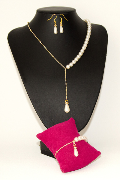BİJUTERİ EVİ Pearl Drop Model Ball Chain Women's Necklace Bracelet Earring Set 39