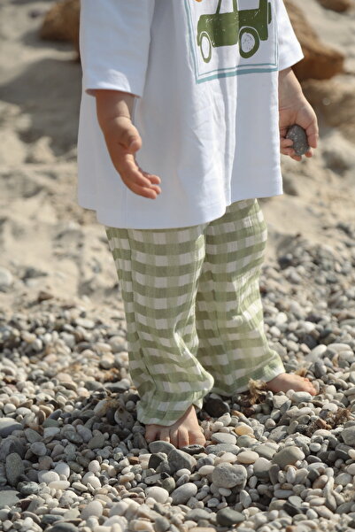 DoDo'S Baby Green and White Plaid Patterned Muslin Girl, Baby Boy, Children's Trousers – Soft Fabric, Comfortable Fit”