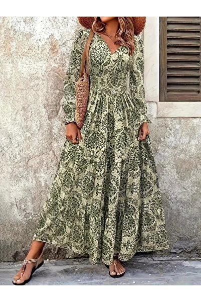 JANES Women's Long Sleeve V-Neck Patterned Single Jersey Dress