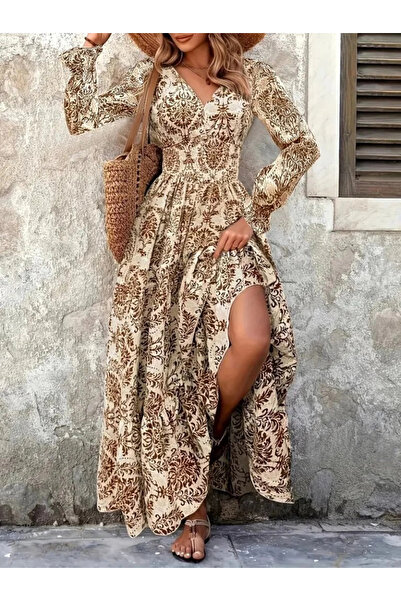 Genel Markalar Kadın Uzun Kollu V Yakalı Desenli Süprem Elbise