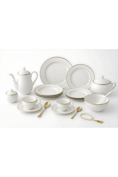 Al Nokhba 70 Pieces Dinnerware Set, White New Bone China Kitchen Dining Serving Dinner Set with Gold Rim