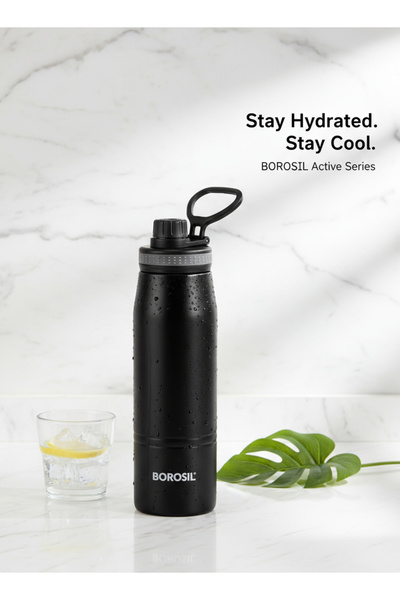 Borosil Stainless Steel Vacuum Insulated Water Bottle Black, 600ml