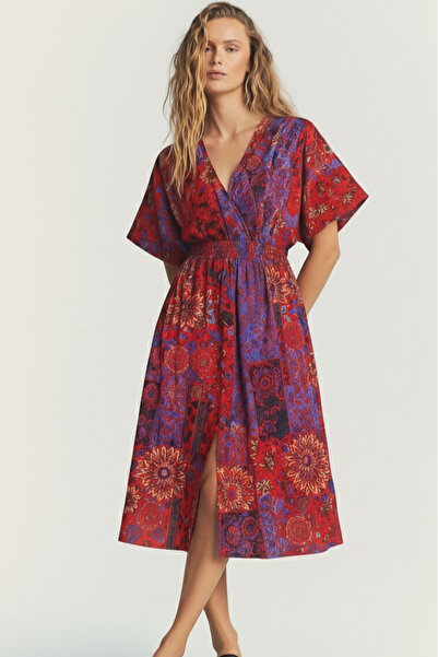 HAKKE Kruvaze Yaka Etnik Desen Belden Lastikli Viskon ELBİSE