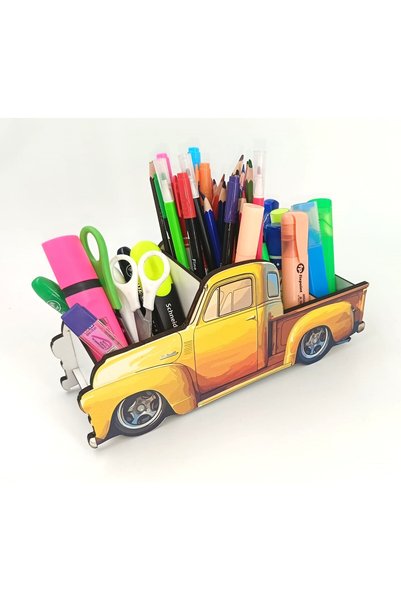 TuraLazerKesim Wooden Yellow Chevy Pickup Truck Desktop Pen Holder Pencil Case and Organizer