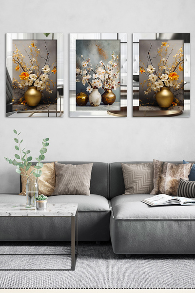 Evinemoda Flowers in a Vase 3 Piece Plexiglass Framed Painting with Mirror