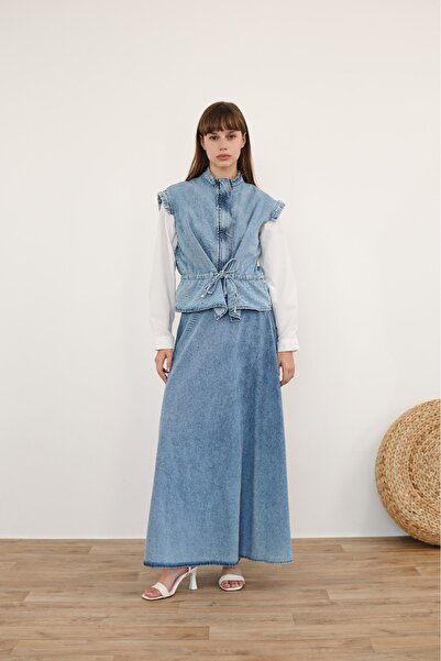 Molly Nelly Women's Sleeve Ruffled Zippered Vest Skirt Blue Denim Set