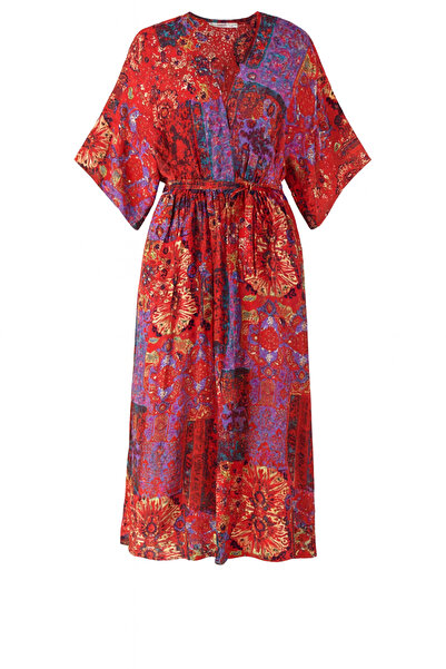 HAKKE Kruvaze Yaka Etnik Desen Belden Lastikli Viskon ELBİSE