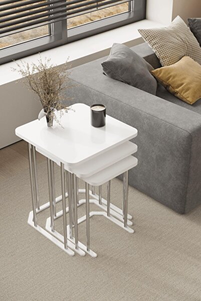 home plus mobilya 3' Lü Kare Zigon Sehpa Gümüş Ayak Beyaz 18 mm Mdf
