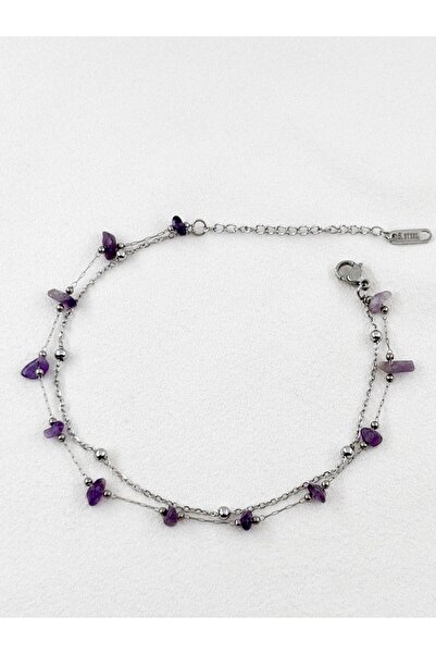 Siya Silver Kararmaz Çelik Çift Zincirli Kırık Ametist Taşlı Bileklik