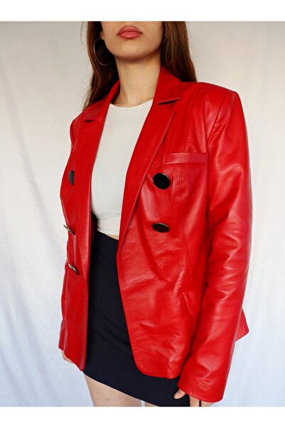 MİRENA LEATHER Kadın Kırmızı Blazer Hakiki Deri Ceket