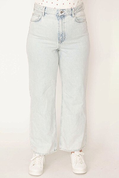 Şans Жіночі джинси великого розміру синього кольору з ефектом вимивання Mom Jean Pantolon 65n32998