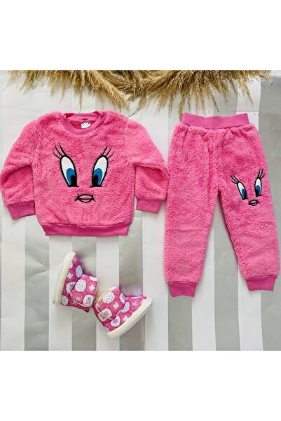 MUSCO Girl's Pink Fleece Tracksuit Warm Plush Set Winter Cute Patterned 2-Piece Set