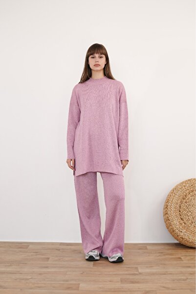 Molly Nelly Women's Crew Neck Sweater Pants Silvery Knitwear Set