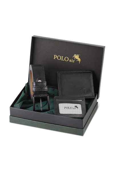 Polo Air Kutulu Erkek Spor Cüzdan Kemer Kartlık Seti Siyah M-08-S
