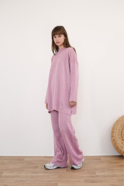 Molly Nelly Women's Crew Neck Sweater Pants Silvery Knitwear Set