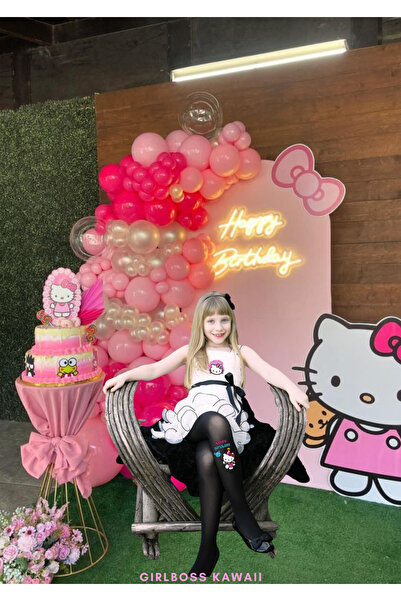 Girlboss Kawaii Hello Kitty doğum günü siyah külotlu çorap mat opak