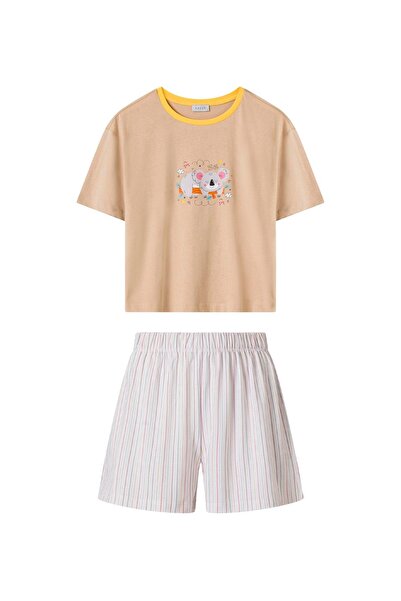 FACETTE Women's Beige Koala Pattern T-Shirt Shorts Pajama Set