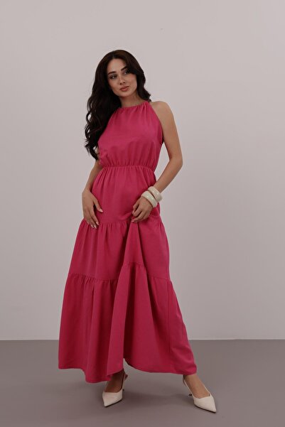 FACETTE Women's2022499588 Fuchsia Beaded Strappy Flounce Dress