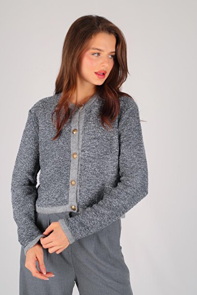 FACETTE Women's Gray Melted Buttoned Cardigan