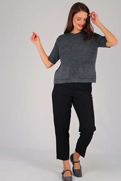 FACETTE Women's Anthracite Short Sleeve Pocket Detail Sweater