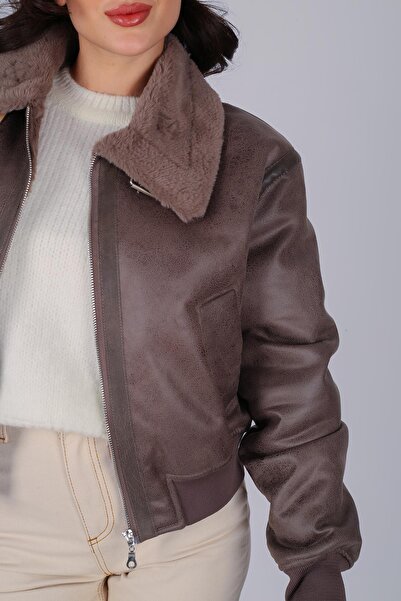 FACETTE Women's Brown Fur Lined Leather Coat