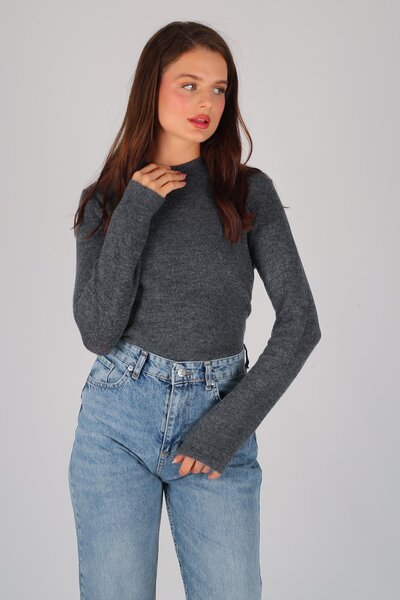 FACETTE Women's Anthracite Thick Ribbed Basic Long Sleeve Sweater