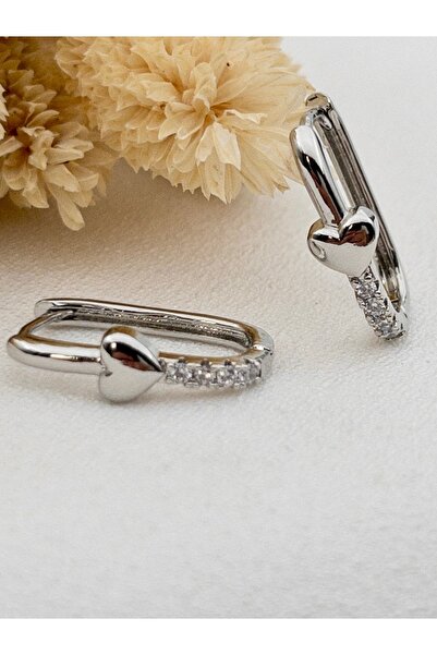 Siya Silver Zircon Stone Heart Detailed Rectangular Steel Earrings