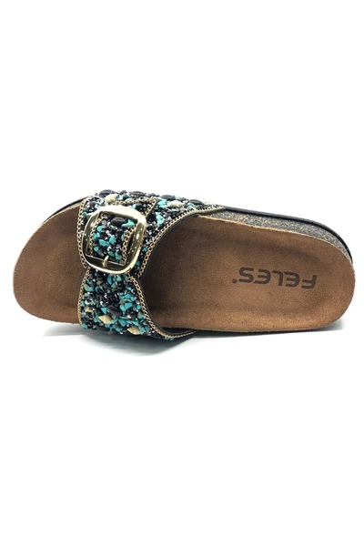 KOCAMANLAR Feles Single Buckle Cork Sole Stone Detailed Women's Slippers Black