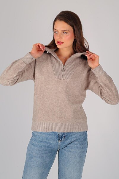 FACETTE Kadın Vizon Yarım Fermuar Uzun Kol Kazak