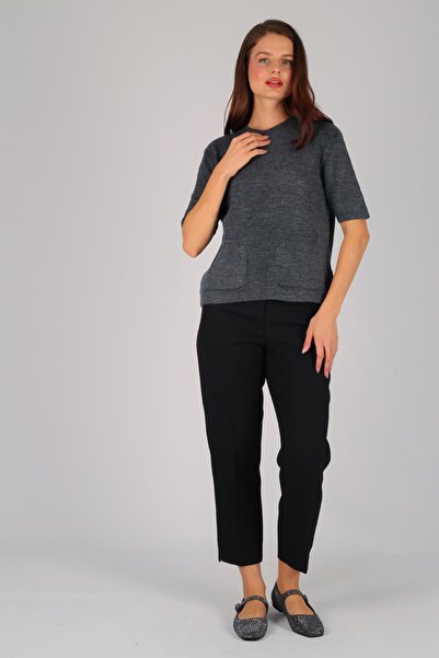 FACETTE Women's Anthracite Short Sleeve Pocket Detail Sweater