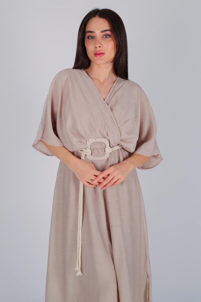 FACETTE Women's Beige Double-breasted Collar Belted Dress