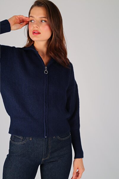 FACETTE Жіночий темно-синій кардиган з товстою блискавкою