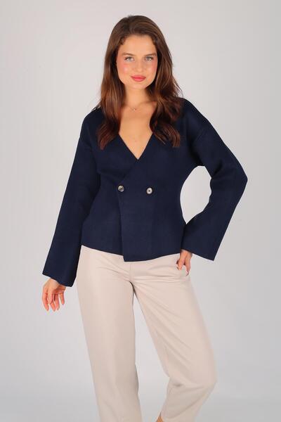 FACETTE Γυναικείο πουλόβερ με διπλό γιακά με κουμπιά Navy Blue