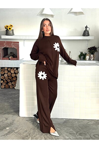 Lusin Women's Brown Stylish Floral Embroidered Half Turtleneck Sweater Pants Bottom Top Knitwear Set