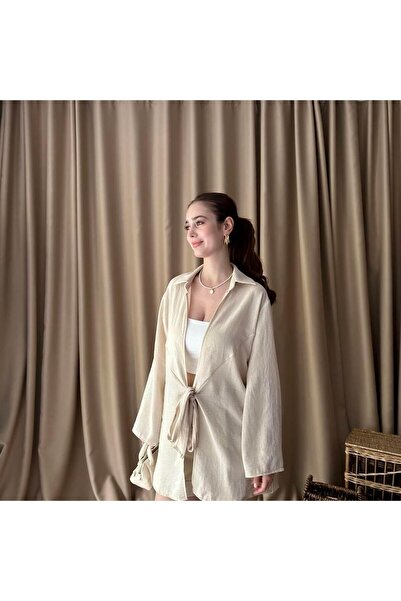 lizge giyim Kimono with Collar and Front Tie Detail