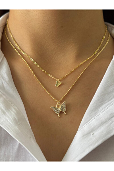 Giden Aksesuar Kelebek Tasarım Çift Katlı Altın Kaplama Kolye