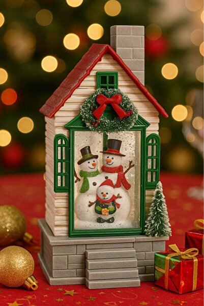 BeySüS Yılbaşı Çam Ağacı Süsü Masa Dekoru Işıklı Müzikli Kardan Adam Ailesi Müzik Kutusu Yeşil