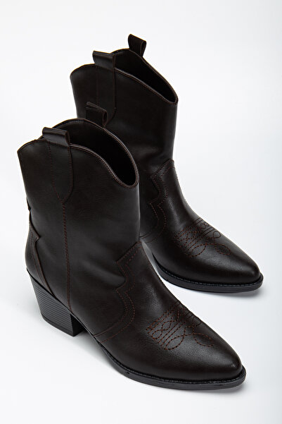 MS SUGAR SHOES Western Cowboy Γυναικείες κοντές μπότες από συνθετικό δέρμα Bitter Brown κεντημένες