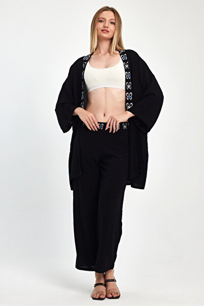 bacc Women's Maxi Length Black Blue Embroidered Jacket and Pants Woven Viscon Top and Bottom Set Bcvl-251056