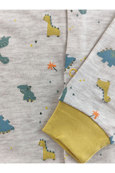 İnci Nanabel 2-5 yaş hardal rengi erkek çocuk dinozor desenli pamuklu çıtçıt kapamalı pijama takımı