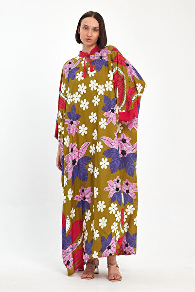 bacc Γυναικείο φόρεμα μάξι μεγέθους λαδί πράσινο με στάμπα υφαντό βισκόζη Bcvl-251069