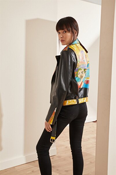 Deriderim Siyah Ikigai The City Istanbul Baskılı Beli Kemerli Fermuarlı Biker Kadın Hakiki Deri Mont