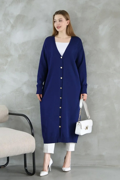 DAMGA Collection Women's Navy Blue Long Cardigan Buttoned Knitwear Cap