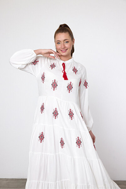 bacc Γυναικείο φόρεμα μάξι με λευκό κέντημα υφαντό βισκόζη Bcvl-25917